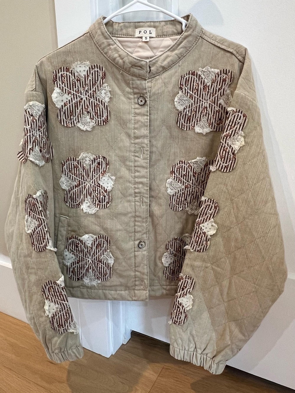 POL Quilted Beige Bomber Jacket with Brown Lace Appliqués
